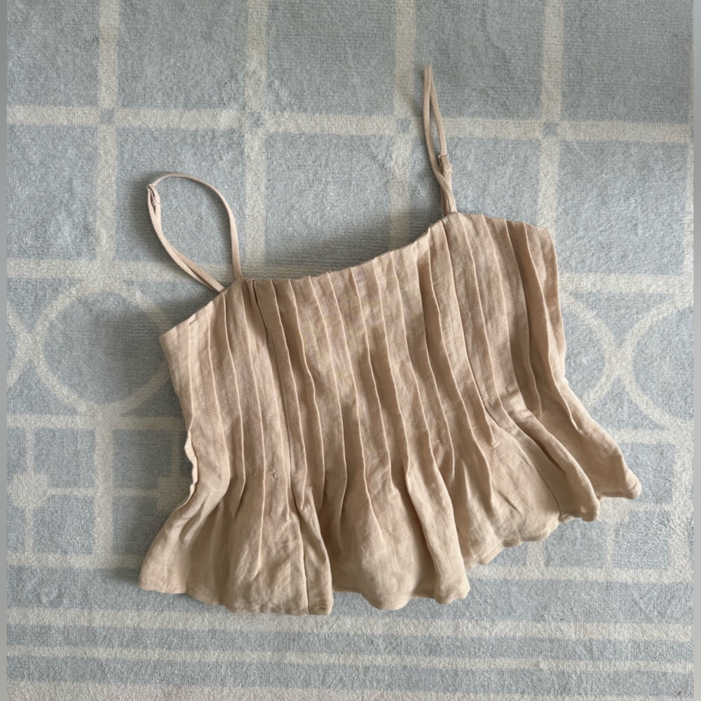 Tan / Cream Lisa Peplum Tank Top Pleated Detail - Picture 3 of 7